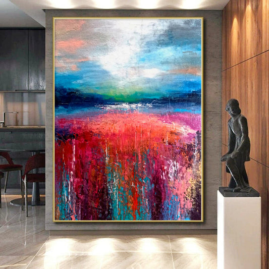 “Blues and Oranges Cascade” - Abstract Creation with Teal, White, Orange, Green Layers CT0012