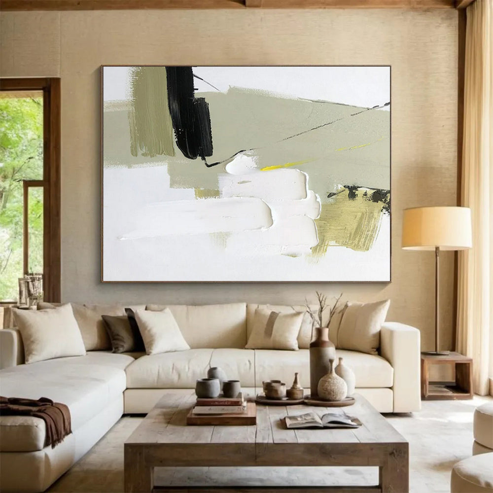 “Earthy Accents” - Black, white, beige, olive; layered blocks and thin lines CT1567