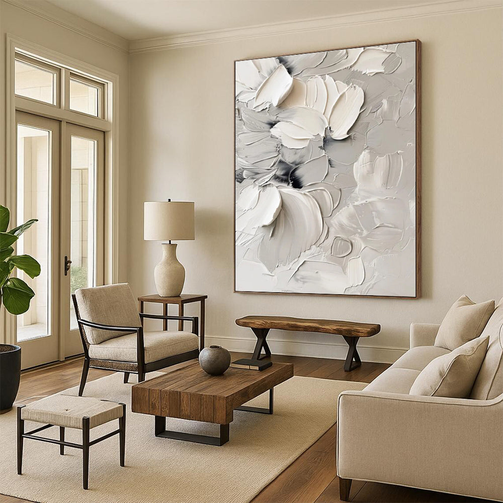 “Textured White Blooms”,Abstract Floral Impasto Artwork CT0525
