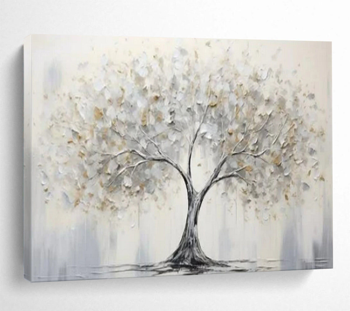 “Silver - Gold Tree of Serenity” - Silvers, whites, golds; textured, minimalist tree CT1619