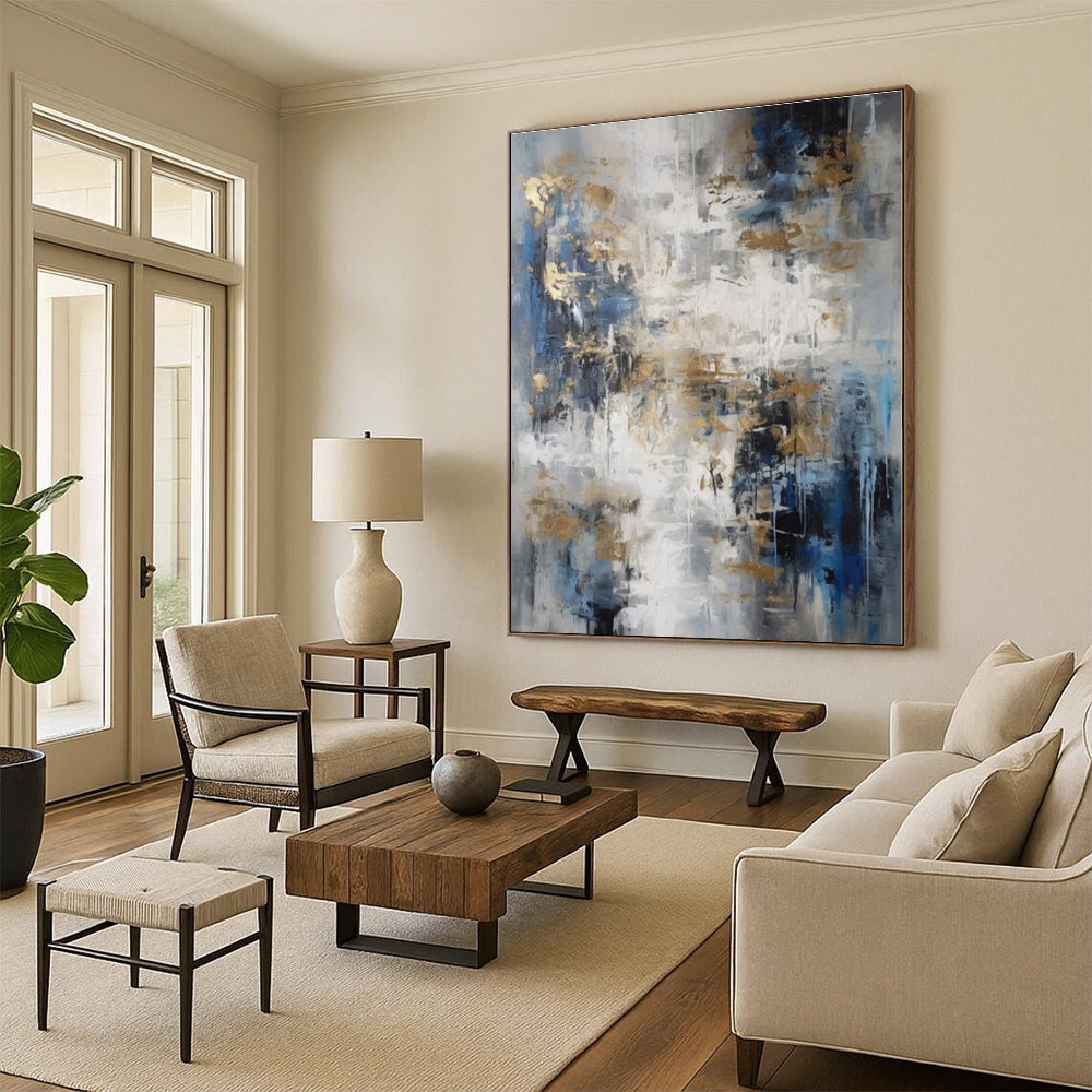 “Blue - Grey with Gold Accents”,Abstract Expressive Acrylic Painting CT0537
