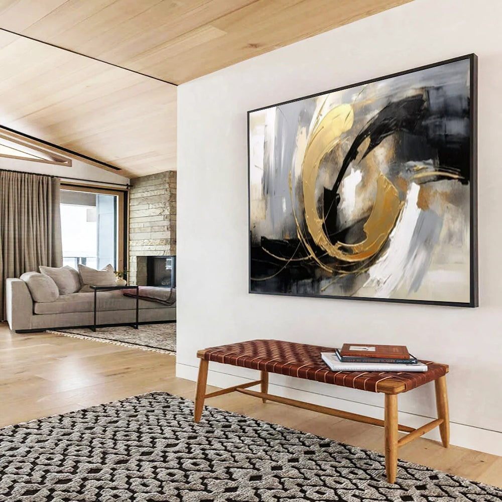 “Gold - Black Abstract Swirl” - Blacks, whites, golds; bold, textured circular abstraction CT1613