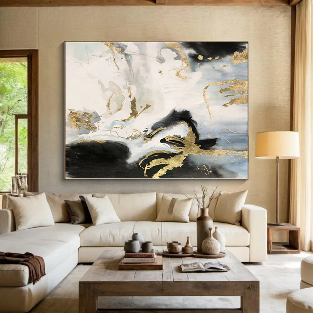 “Black, White, and Gold Abstract Splashes”,Expressive Abstract Painting CT0363