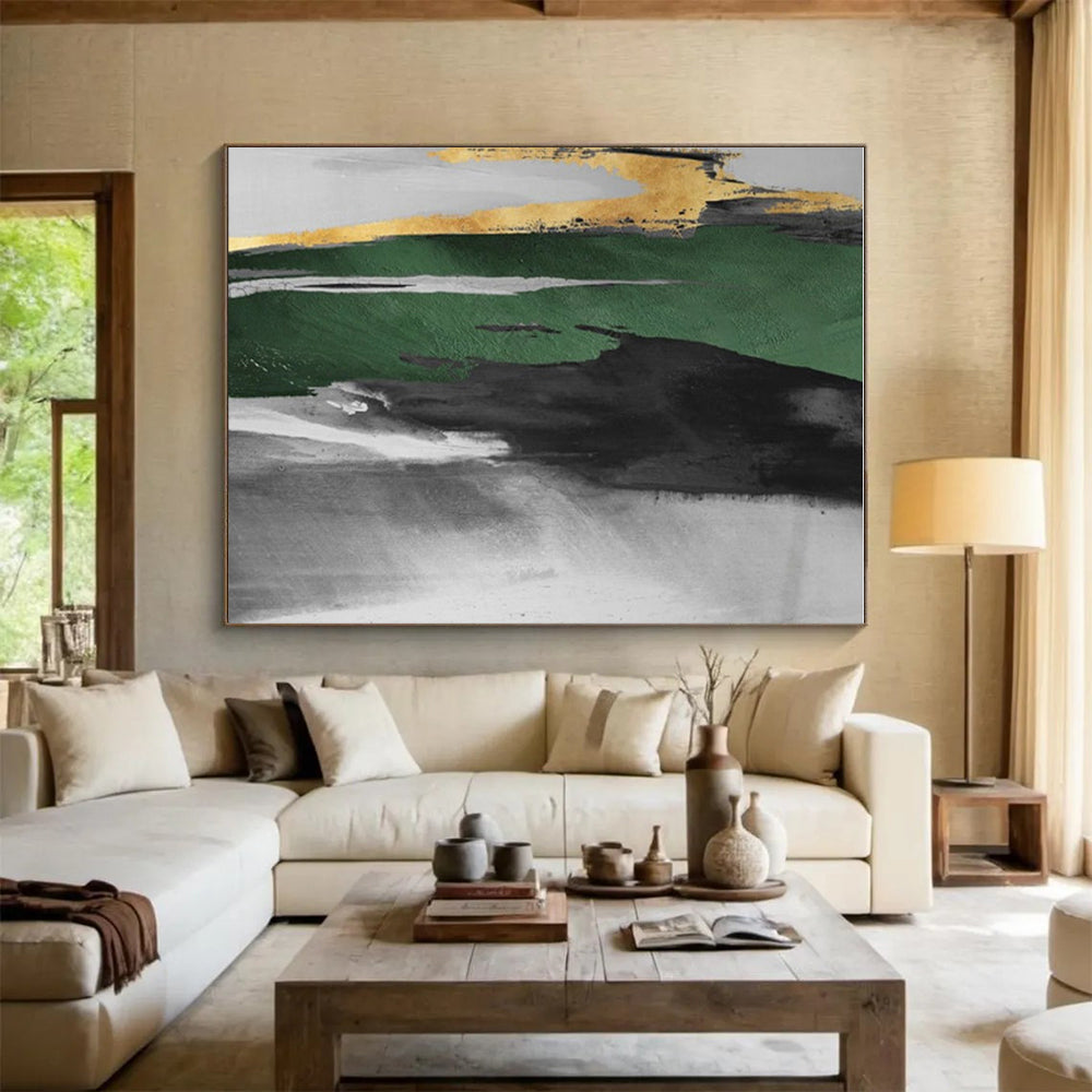 “Green - Black - Gold Dynamic Strokes”,Abstract Expressionist Art CT0637