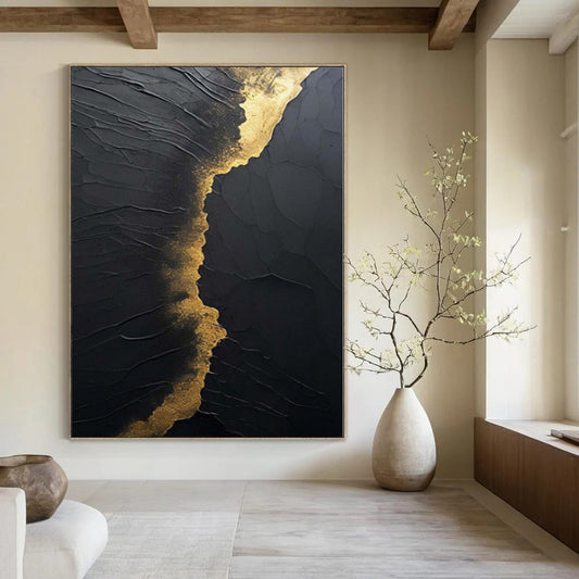 “Black and Gold Textured Cracks” Relief - Style Acrylic Art CT0167
