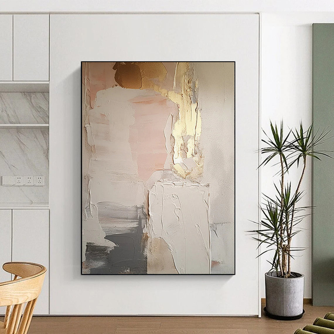 “Blush & Gold Layers” - Abstract Art with Pink, Gold, Gray, White CT0092