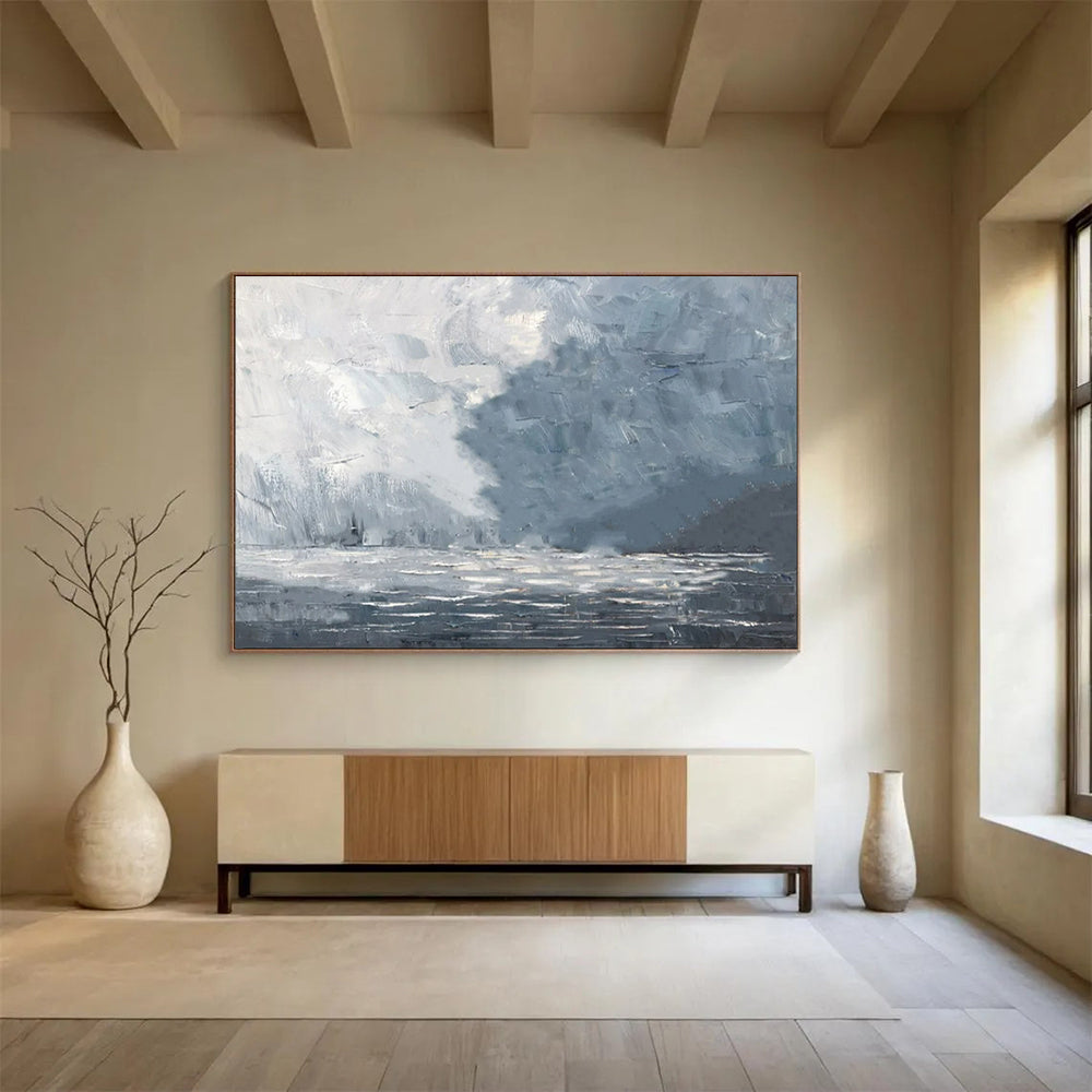 “Stormy Sea” - Shades of gray, white, blue; a dramatic, abstract stormy sea with choppy waves CT1550