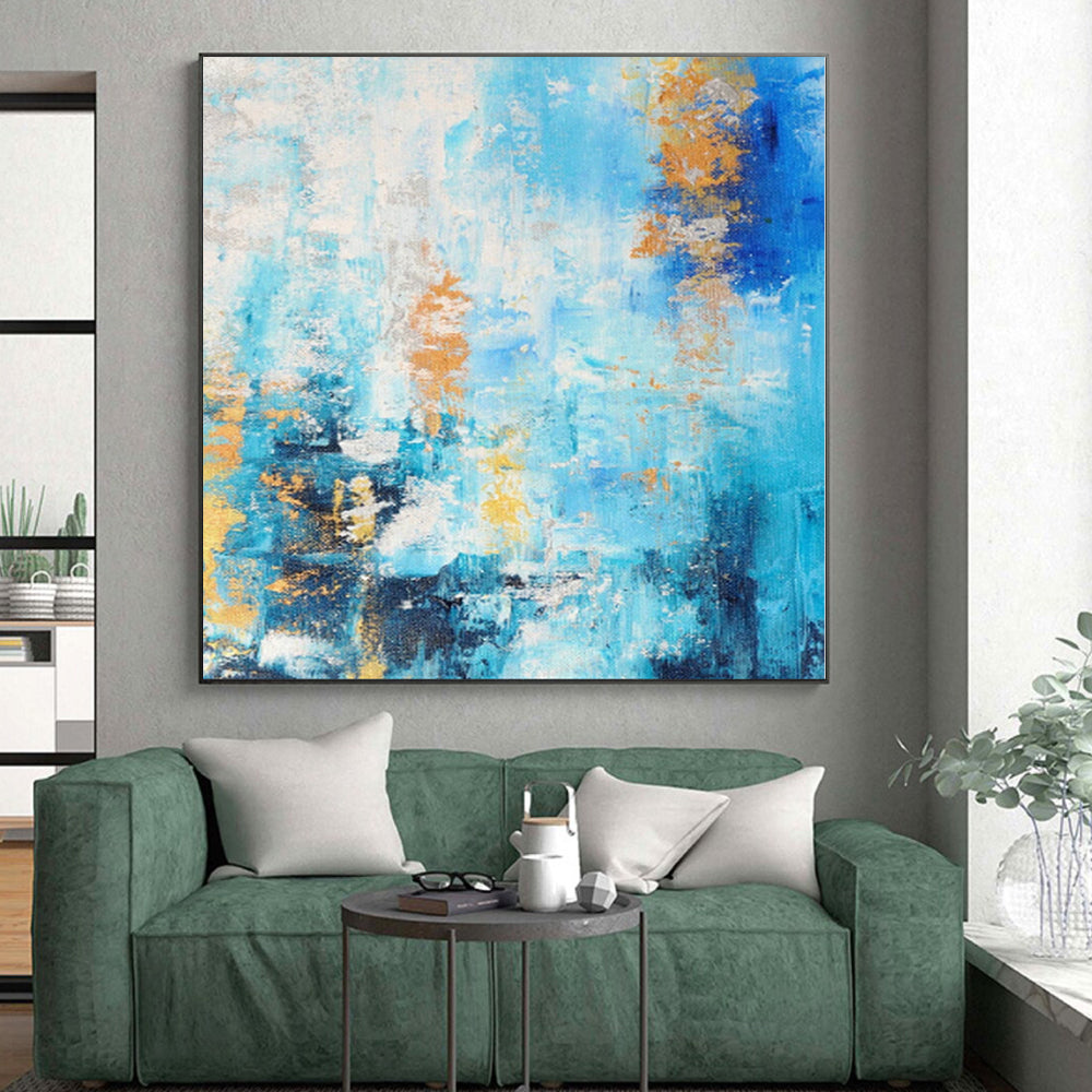 “Azure Gold Streaks” - Abstract Art with Blue, White, Gold Accents CT0015