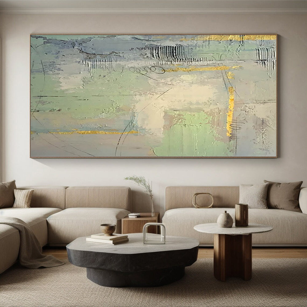 “Grey - Green Abstract with Gold Details”,Textured Abstract Painting CT0374