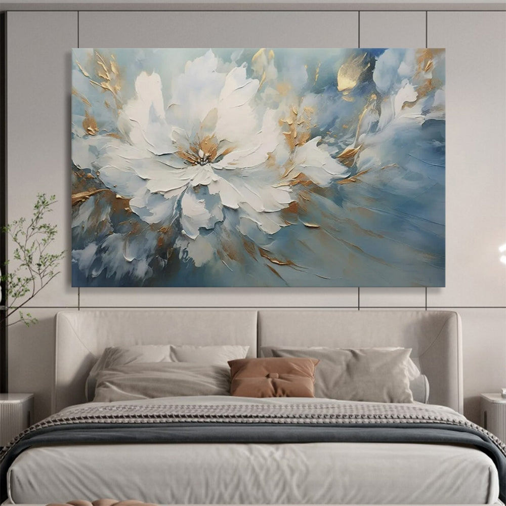 “White Flower with Gold Accents” – Impasto Floral Oil Painting CT1756