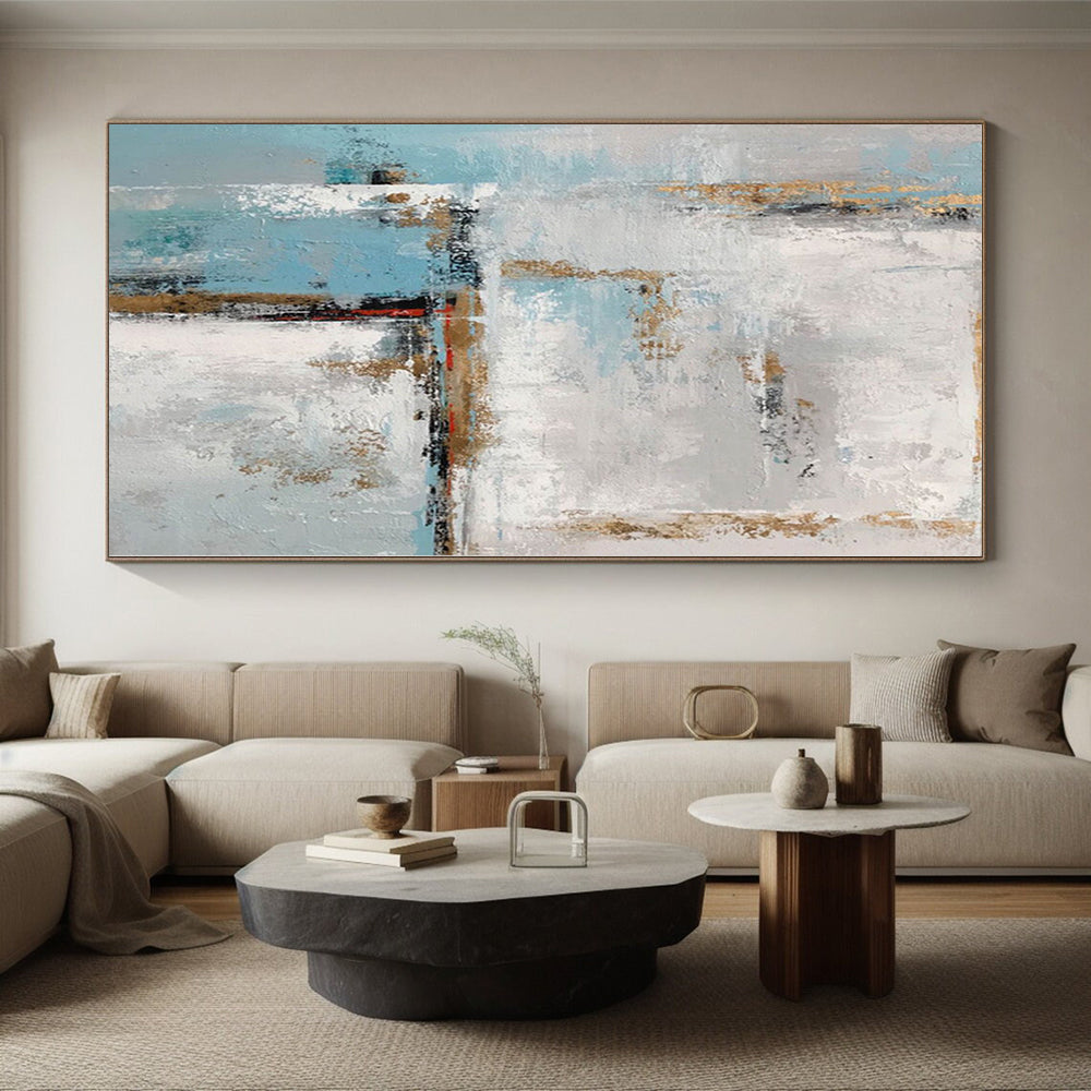 “Blue - White Abstract with Gold Edges”,Minimalist Abstract Painting CT0375