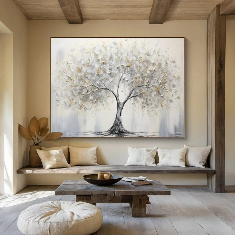 “Silver - Gold Tree of Serenity” - Silvers, whites, golds; textured, minimalist tree CT1619