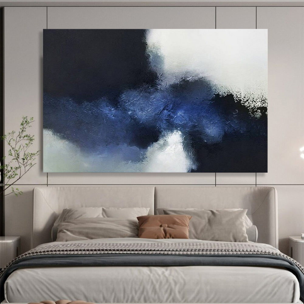 Abstract painting with large blocks of dark blue, light blue, and white CT1661
