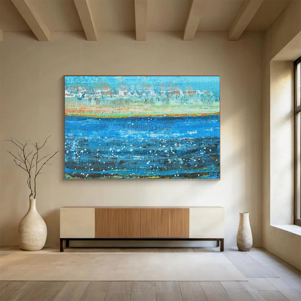 Blue Ocean with White Specks & Coastal Hues - Pointillist-Inspired Seaside Art CT1794