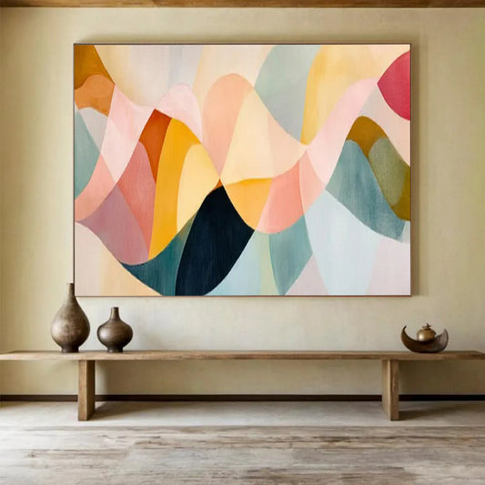 “Pastel Wave Harmony” – Blush, peach, teal, mustard in overlapping, wavy acrylic shapes CT1694