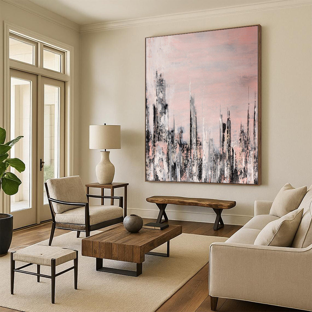 “Blush Cityscape” - Abstract Art with Pink, Gray, White, Black CT0061