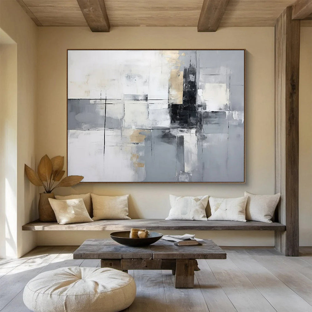 “Gray - Gold Grid” - White, gray, gold; intersecting lines and blocks with gold accents CT1574
