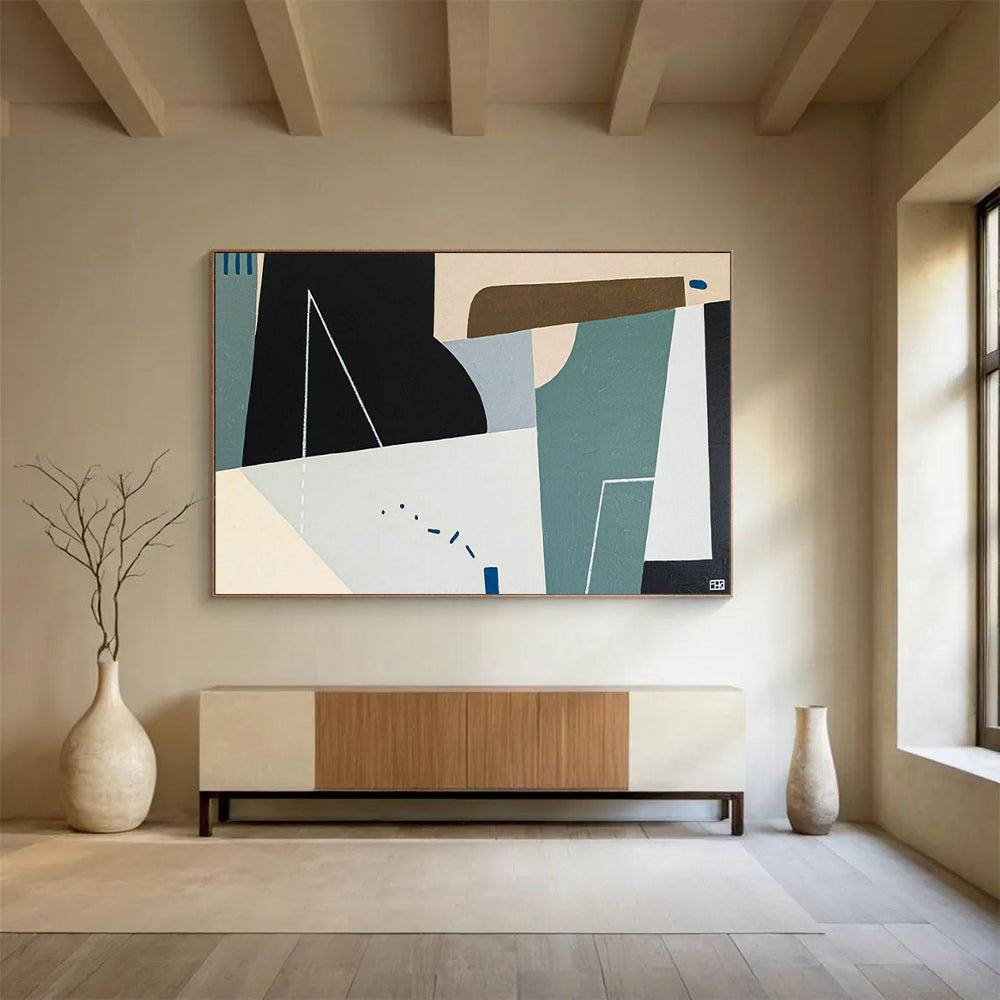 “Geometric Harmony in Neutrals and Blues” - Abstract Geometric Acrylic Painting CT1805