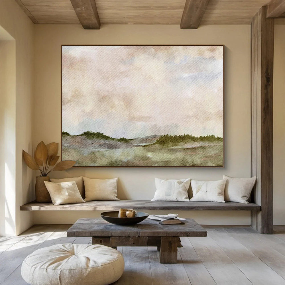 “Hazy Horizons” - Soft pinks, blues, greens; dreamy, misty landscape with distant hills CT1488