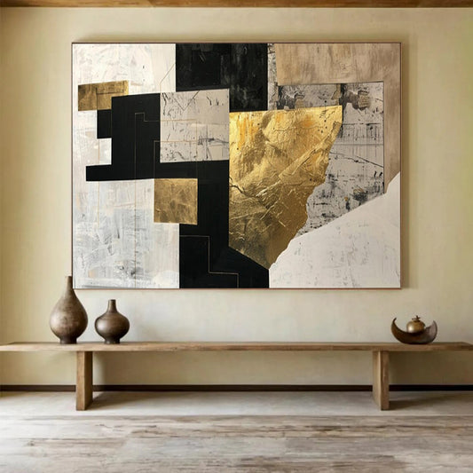“Geometric Gold & Black Fusion” – Abstract Geometric Acrylic Painting CT1709
