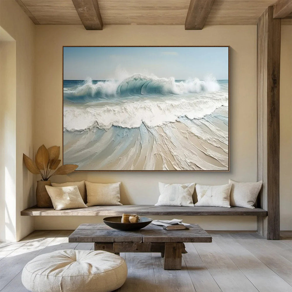 “3D Sea Wave” - Shades of blue, white, beige; thick - textured, three - dimensional wave crashing on the shore CT1545