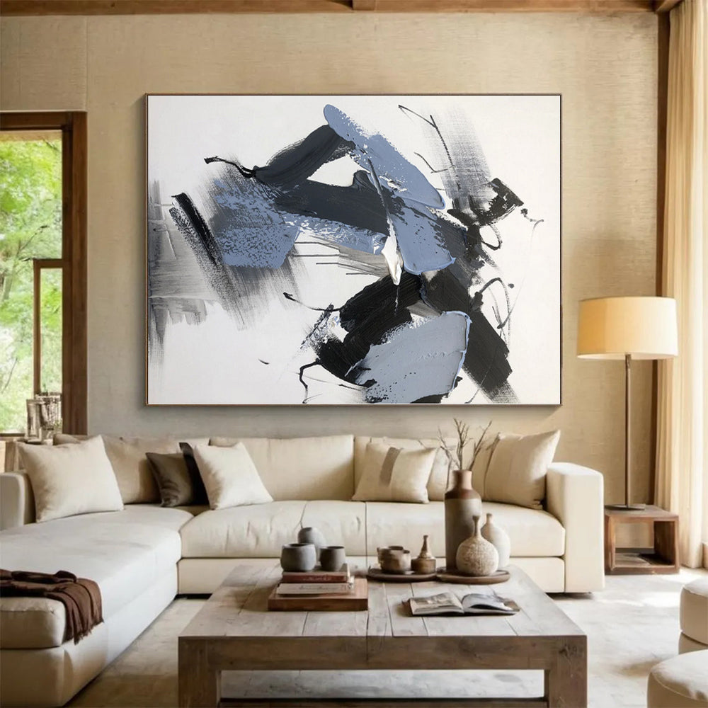 “Black - White - Blue Textured Abstraction” - Abstract Expressionist Art CT0498