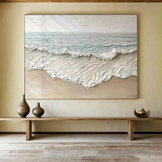 “Textured Beach Waves” - Beige, blue, white; thick, 3D - like beach scene CT1581