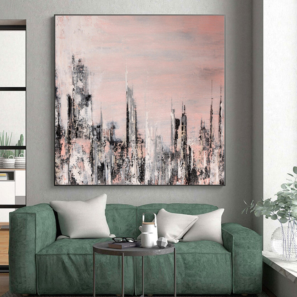 “Blush Cityscape” - Abstract Art with Pink, Gray, White, Black CT0061