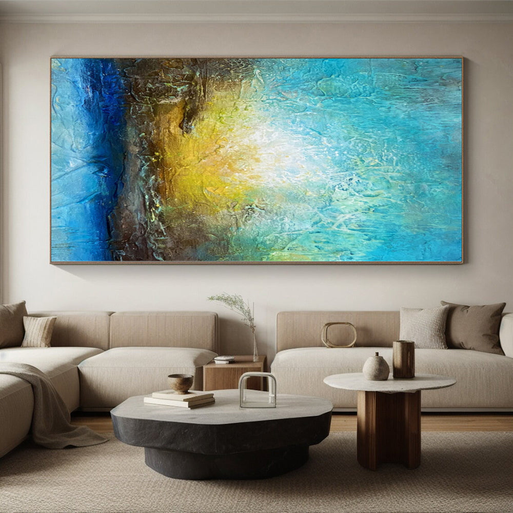 “Sunrise Textures” - Abstract Painting with Blue, Teal, Yellow, Brown CT0046