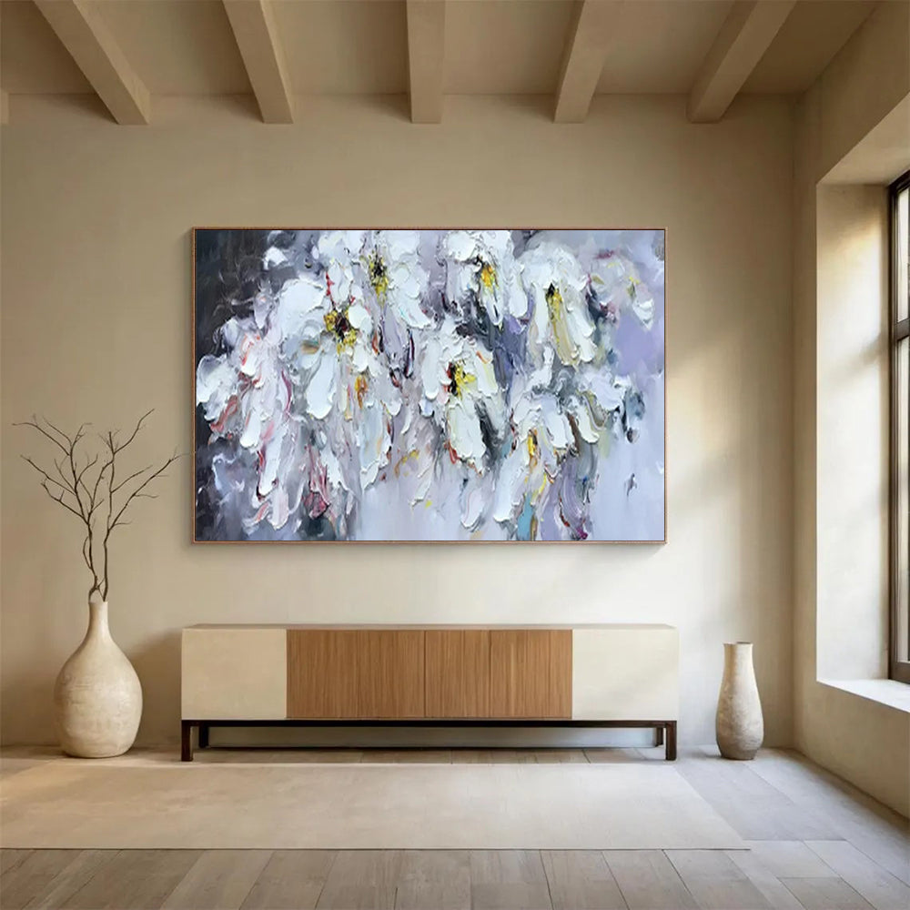 “White Flowers with Colorful Accents” – Impasto Floral Oil Painting CT1763