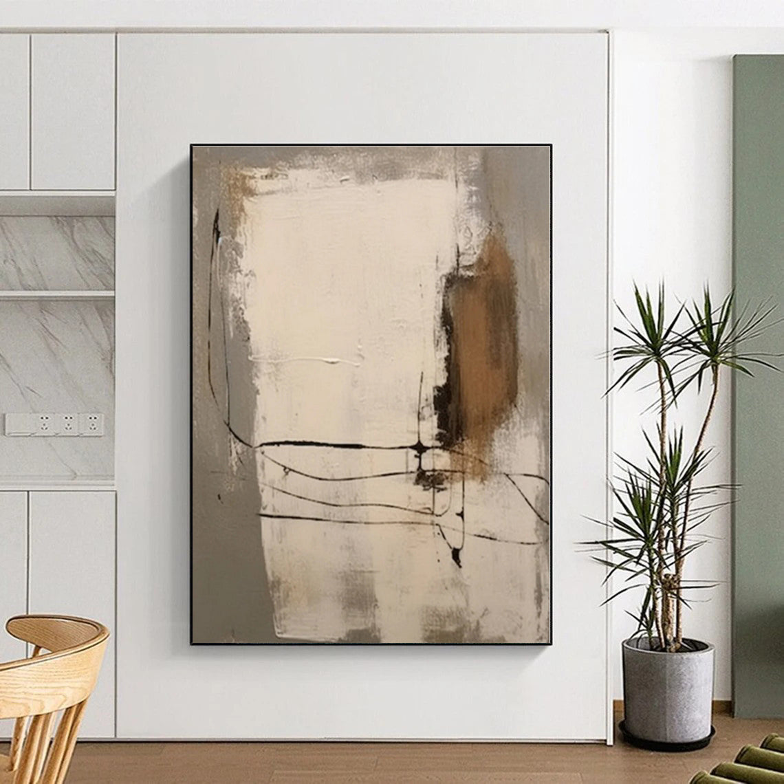 “Neutral Tones with Black Lines”,Abstract Line - Driven Oil Painting CT0539