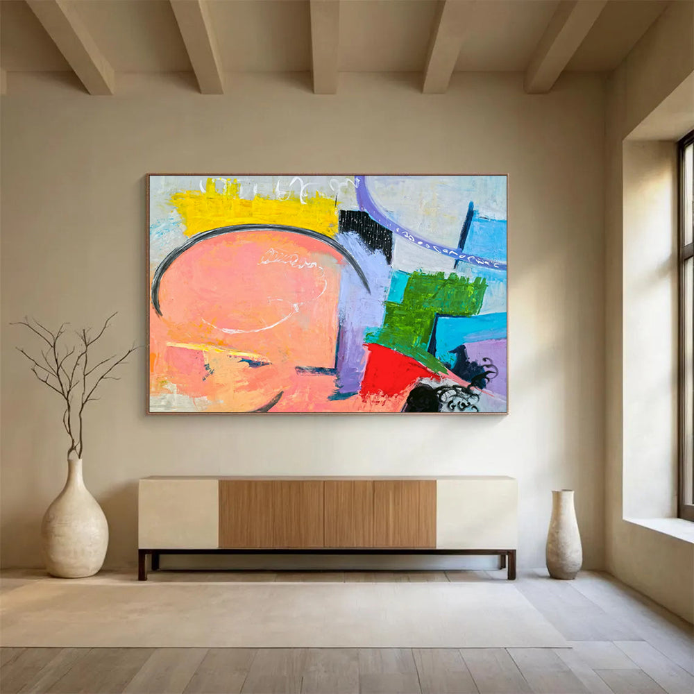 “Pink, Purple, and Colorful Shapes Collage” - Playful Abstract Oil Painting CT1810