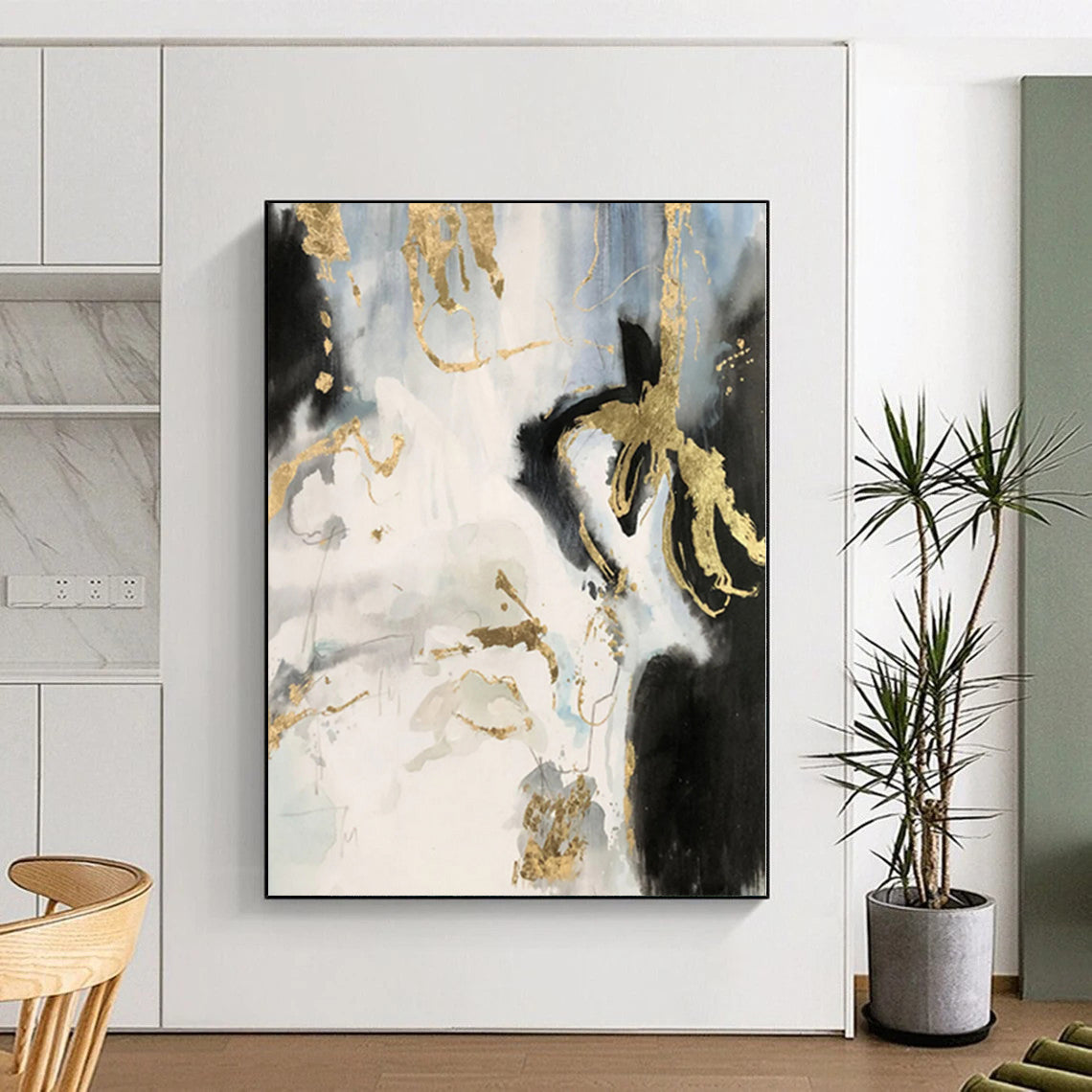 “Black, White, and Gold Abstract Splashes”,Expressive Abstract Painting CT0363