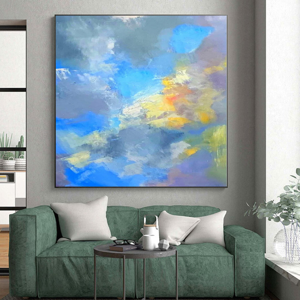“Blue - Yellow - Gray Abstract Clouds” Impressionistic Acrylic Art CT0223