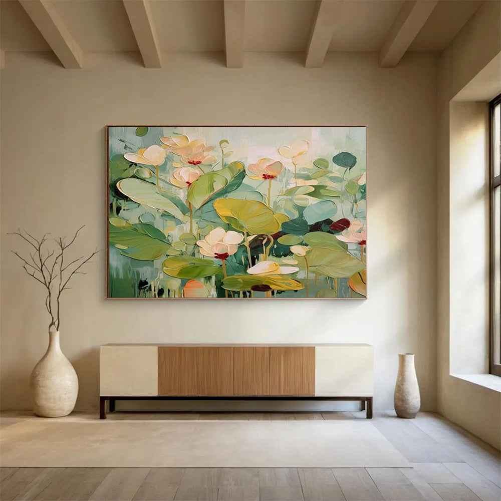 “Lotus Symphony” - Fresh greens, soft pinks, whites; vibrant, layered lotus flowers CT1494