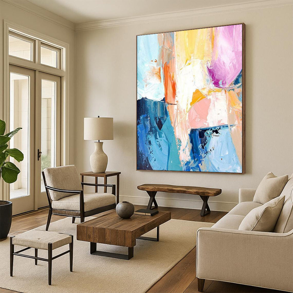 “Color - Clash Harmony” - Blue, Orange, Pink Dynamic Abstract Shapes Painting On Canvas DTP280