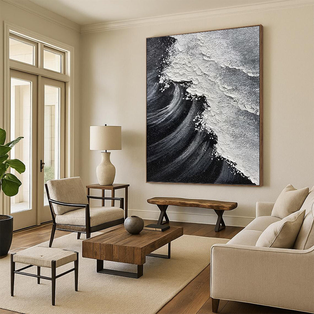 “Black & White Wave Textures” - Minimalist Seascape Painting On Canvas DKH1658