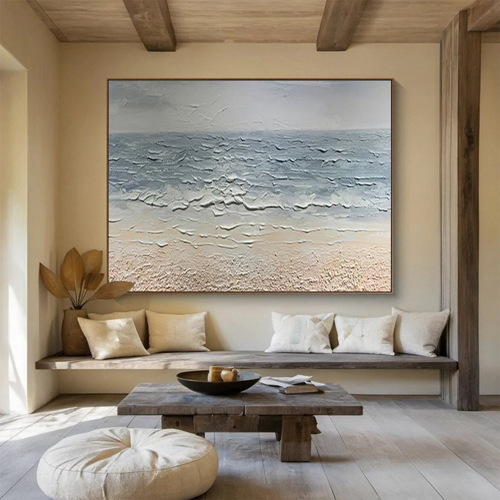 “Textured Seashore - Gray & Beige Impasto Beach Painting On Canvas” DKH865
