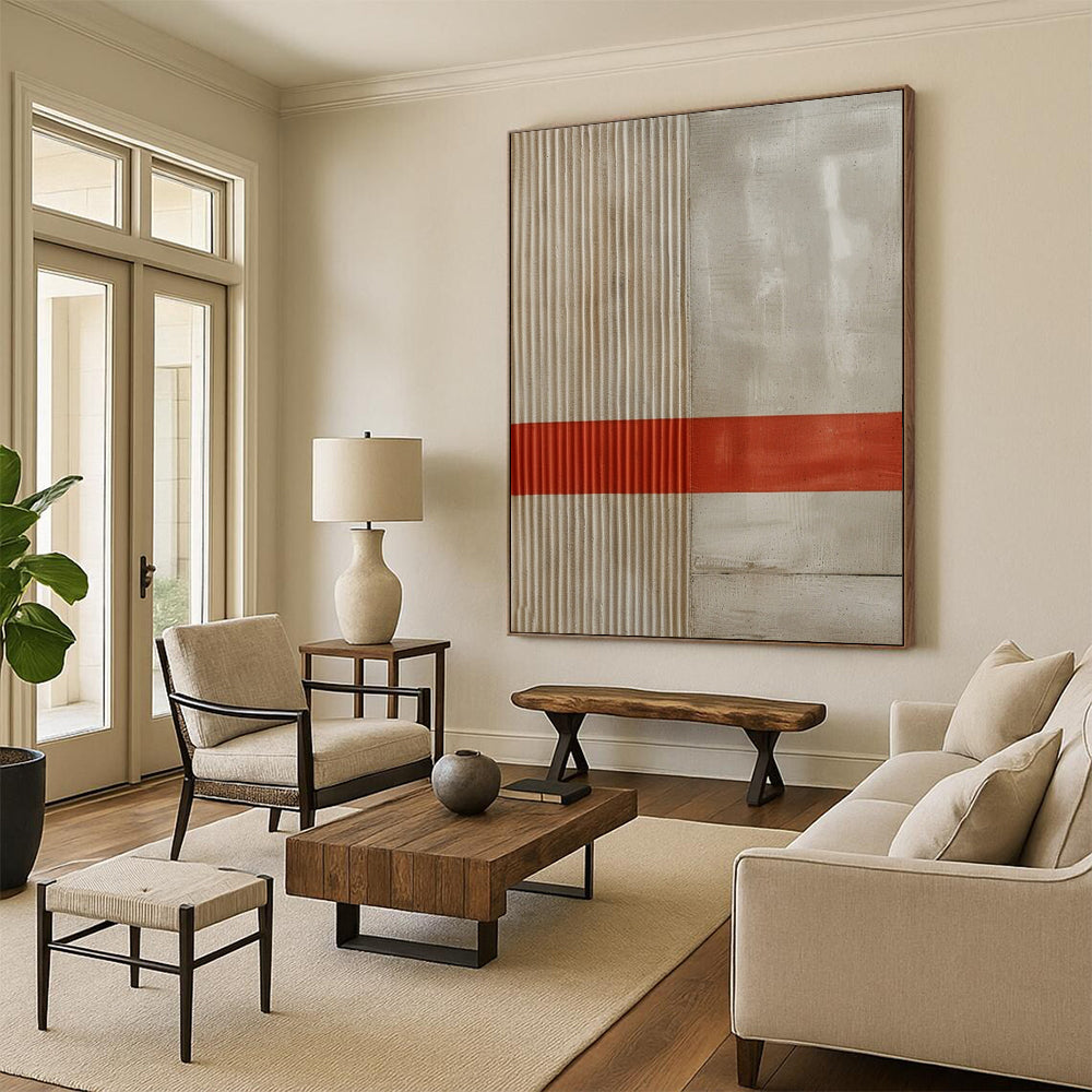 “Beige - Gray with Red Stripe” - Minimalist Textured Painting On Canvas DTP007