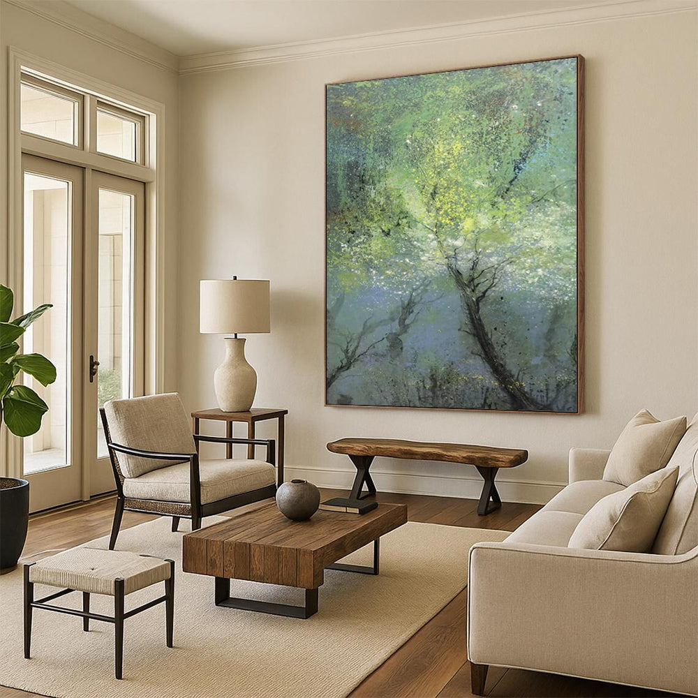 “Misty Green Forest” - Green, Blue, Gray Abstract Landscape Painting On Canvas DTP247