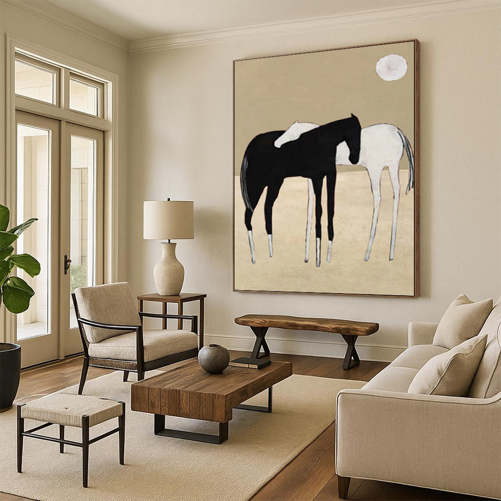 Minimalist Black and White Horses - Abstract Equine Painting On Canvas DKH1410