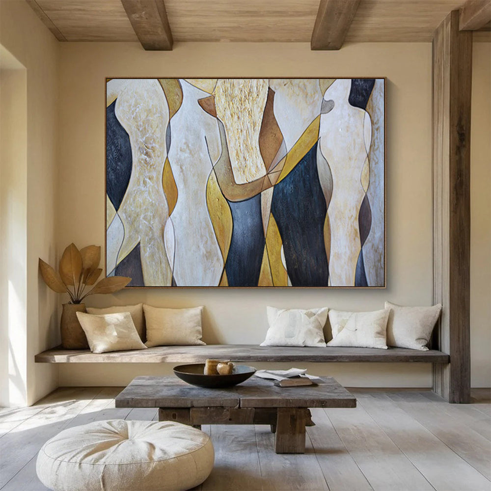 “Abstract Figures in Earth Tones” - Brown, Beige, Black Shaped Forms Painting On Canvas DKH731