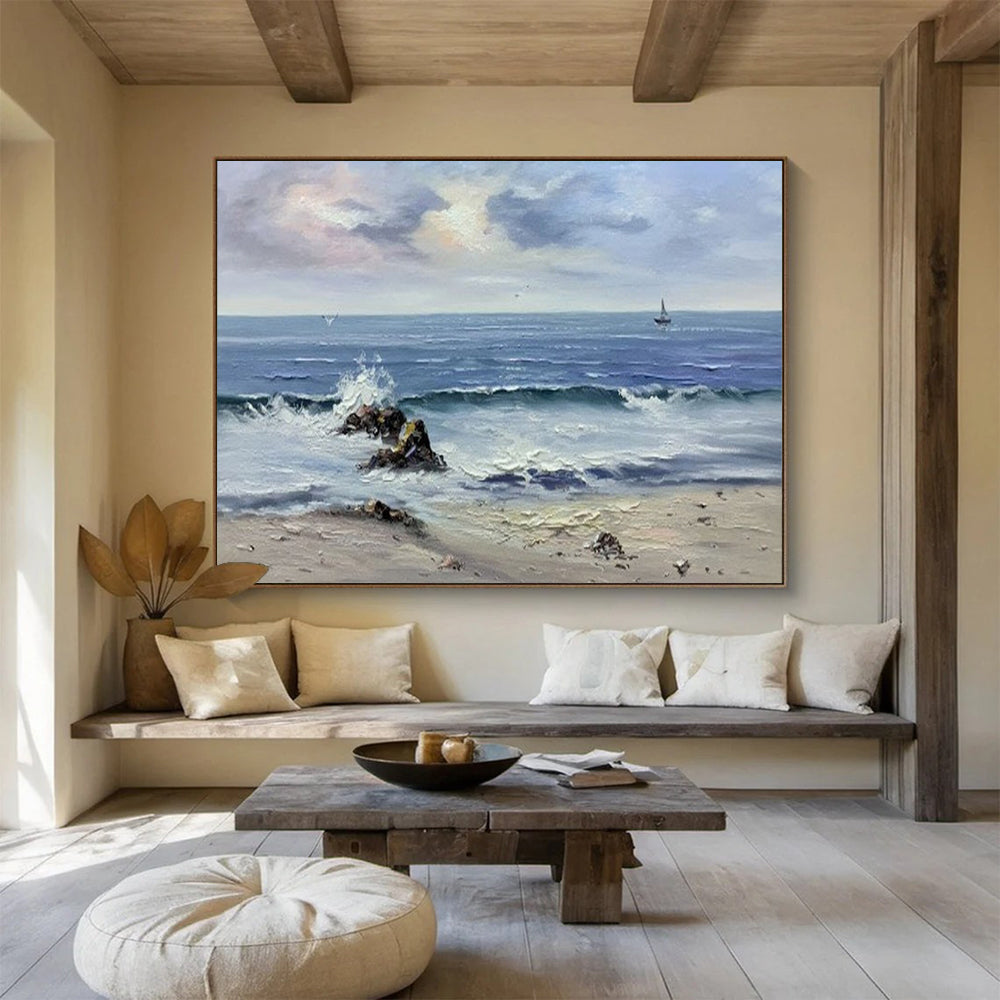 Seascape with Waves and Sailboat - Realist Seascape Painting On Canvas DLZ190