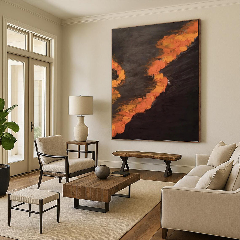 “Dark - Toned Orange Streaks” - Black & Orange Expressive Painting On Canvas DKH0961