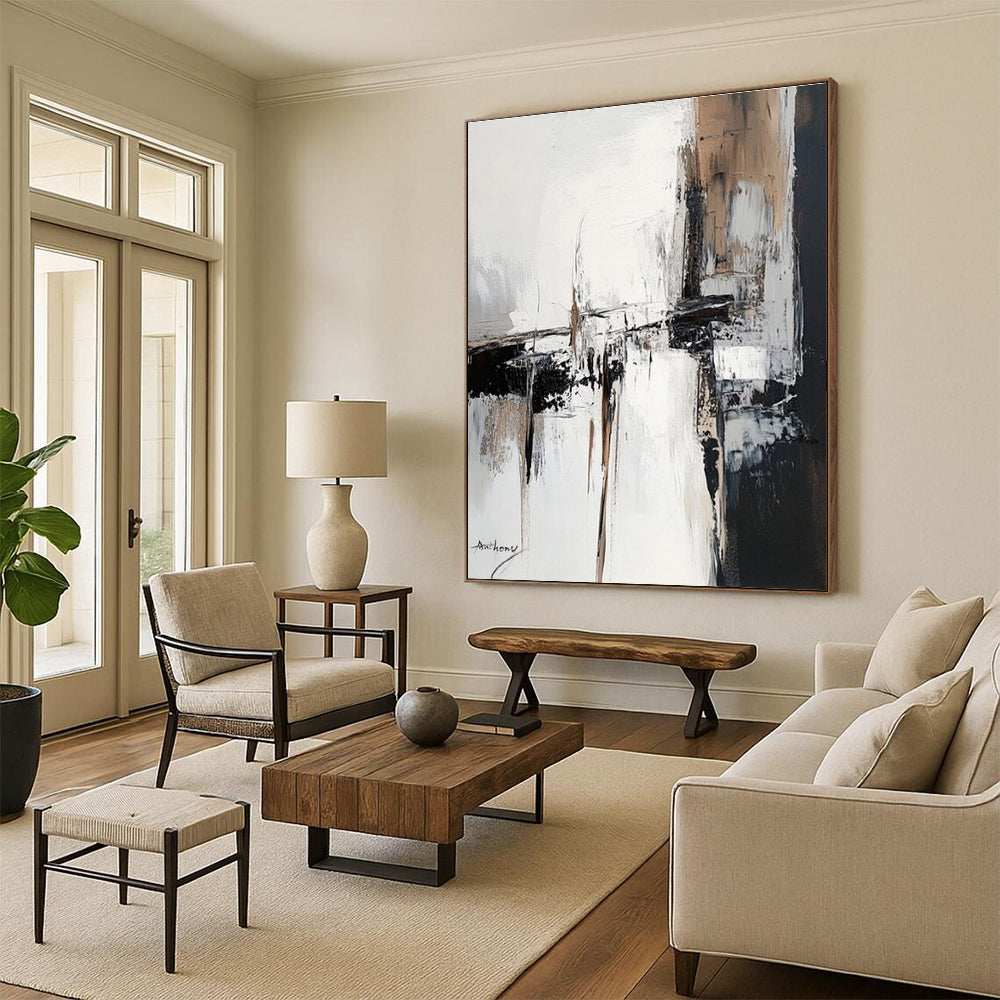 “Black - White - Brown Abstract Blocks” ,Abstract Acrylic Painting CT0784