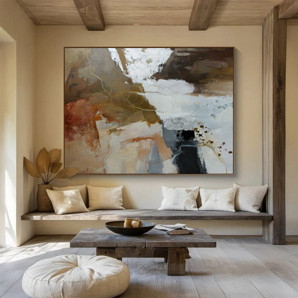 Brown, White, and Gold Abstract “Earthy Luxe Abstraction” Painting On Canvas DKH133