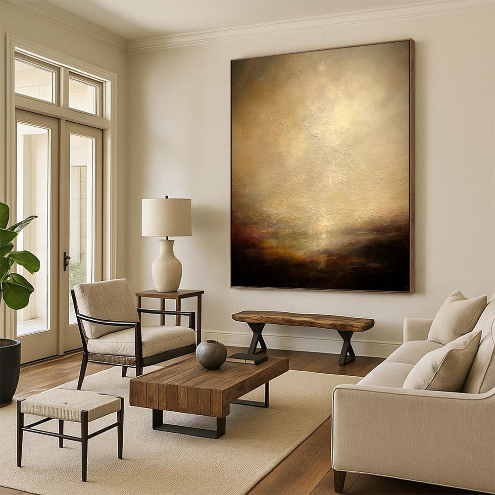 “Mystic Horizon” - Beige, Brown & Gold Abstract Landscape Painting On Canvas DKH1534