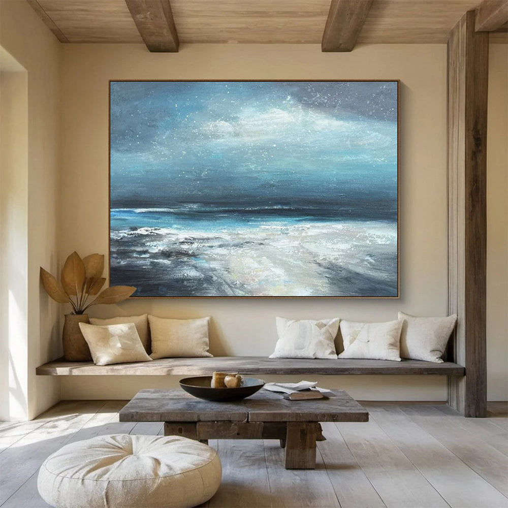 Deep Blue and Gray Starry Seaside “Nocturnal Coastal Serenity” Painting On Canvas DKH111