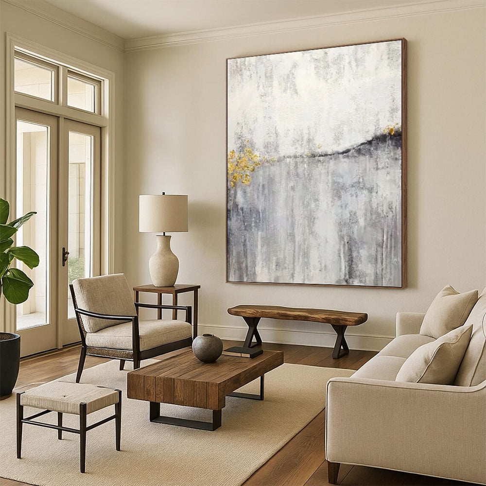 “Golden Mist” - Gray, White & Gold Textured Abstract Painting On Canvas DKH1173