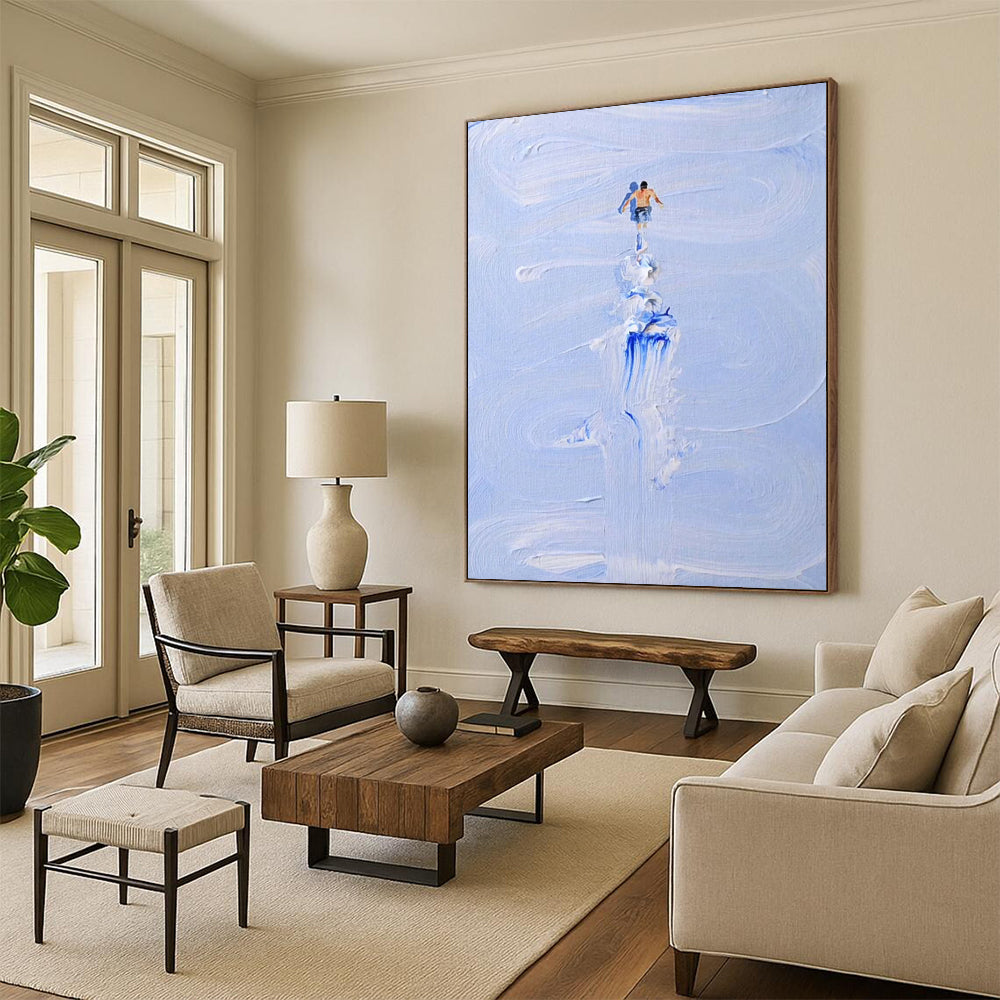 “Blue, White Figure ‘Water Wanderer’” - Impasto Sea & Figure Painting On Canvas DTP327